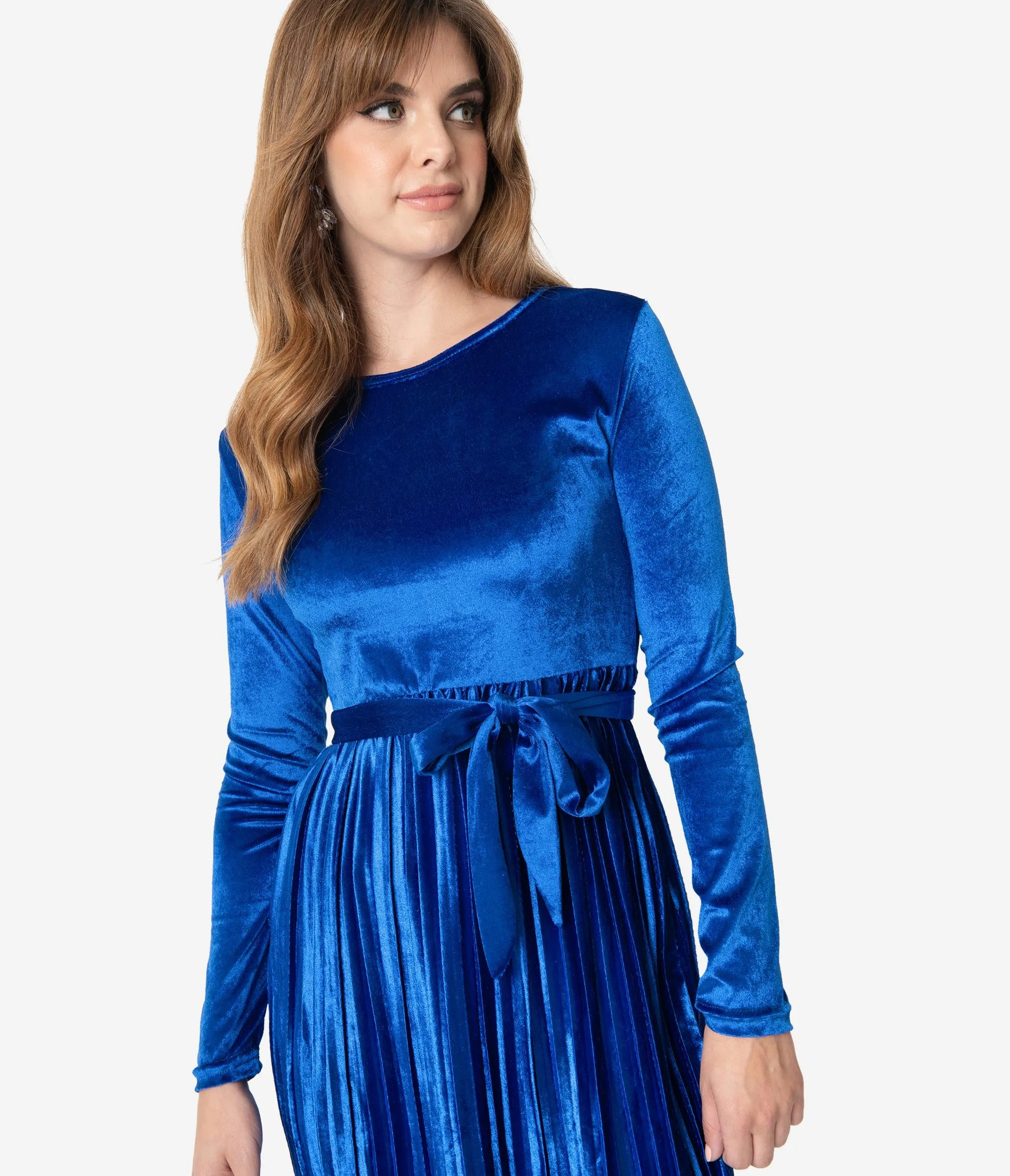 Retro Style Royal Blue Velvet Pleated Modest Midi Dress