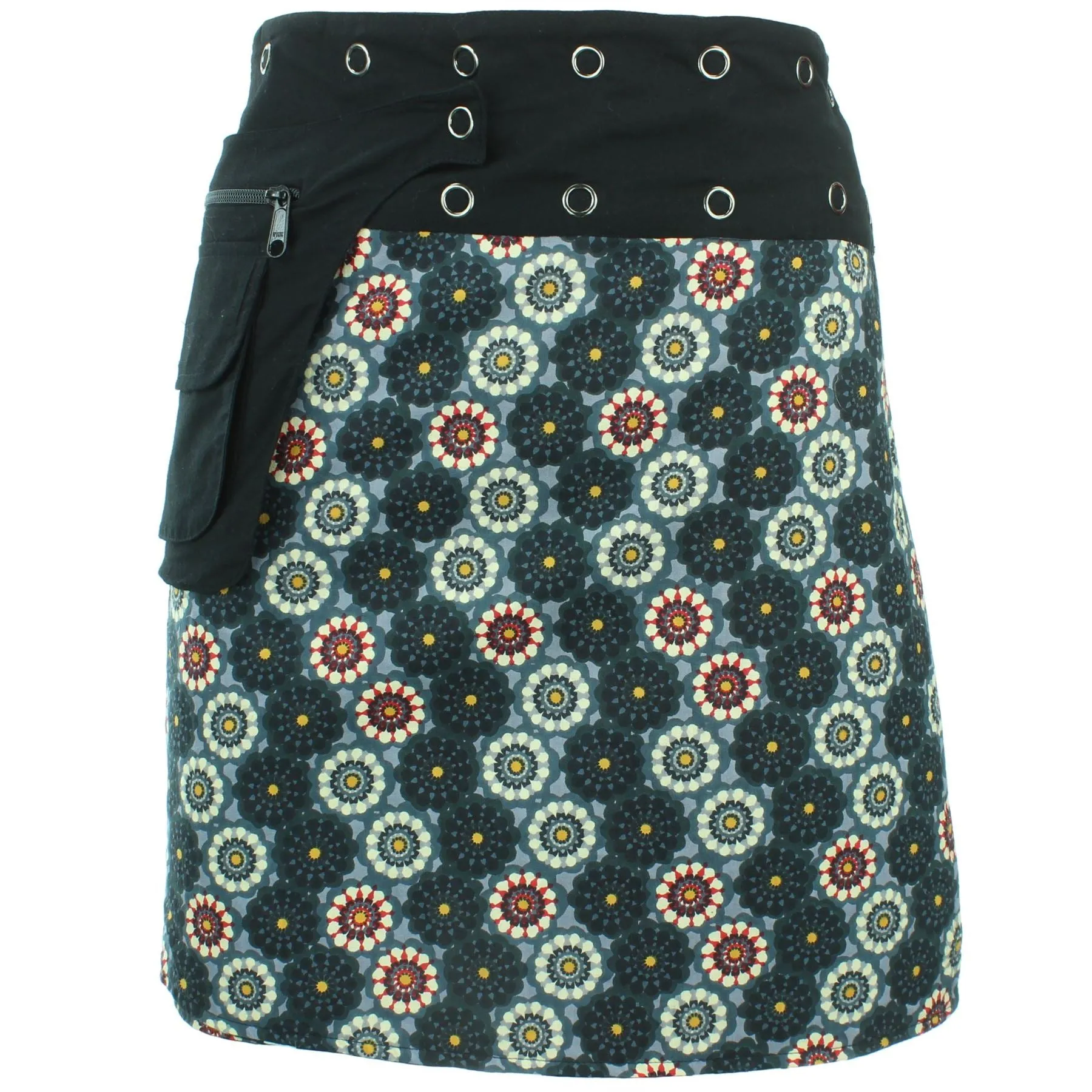 Reversible Popper Wrap Knee Length Skirt - Black Patch Strips / Kaleidoscope