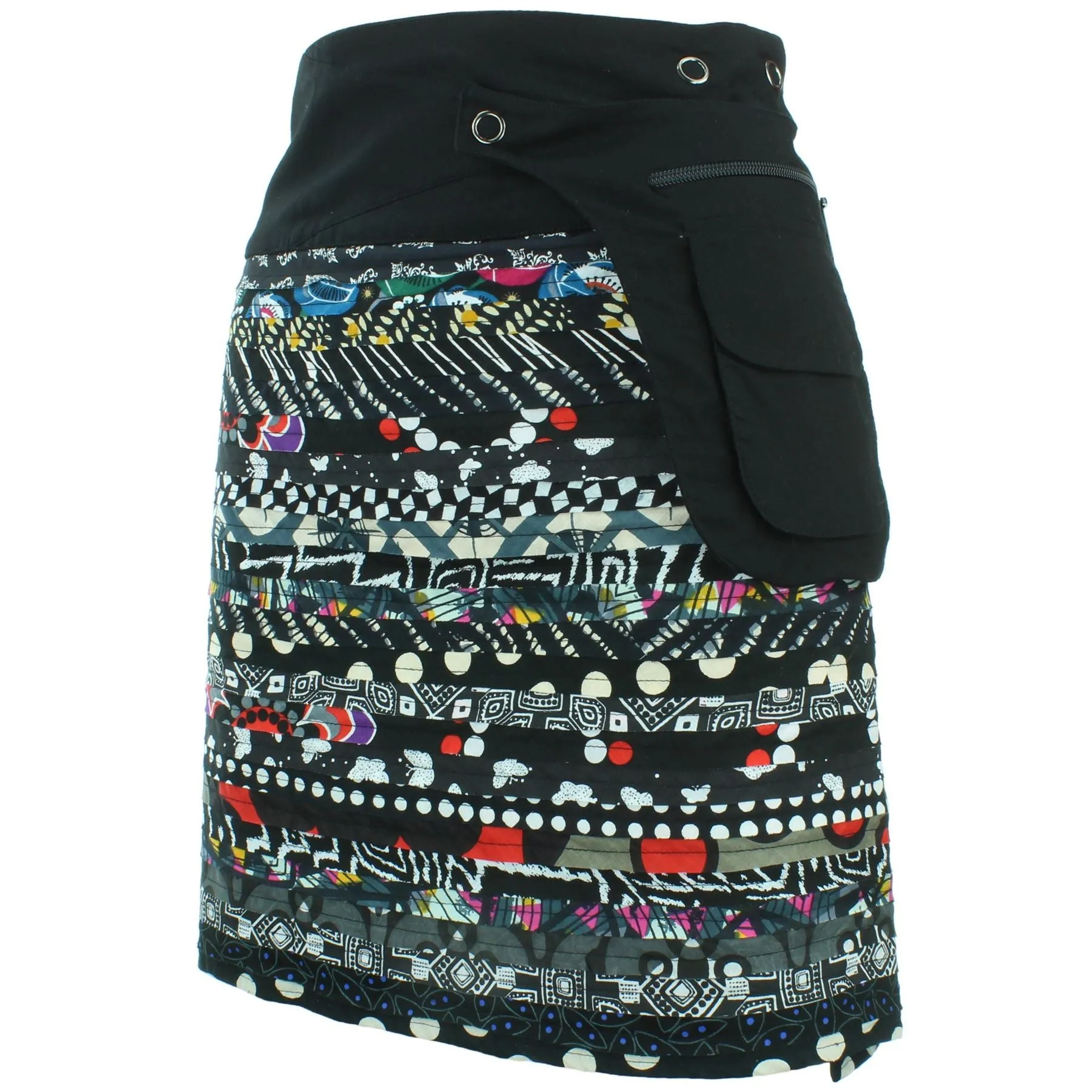 Reversible Popper Wrap Knee Length Skirt - Black Patch Strips / Kaleidoscope