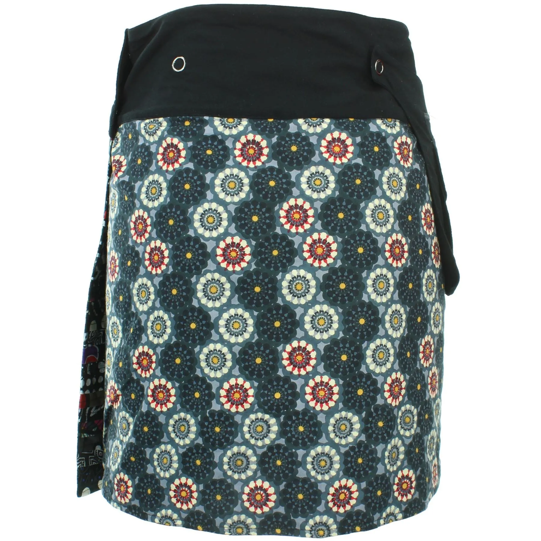 Reversible Popper Wrap Knee Length Skirt - Black Patch Strips / Kaleidoscope