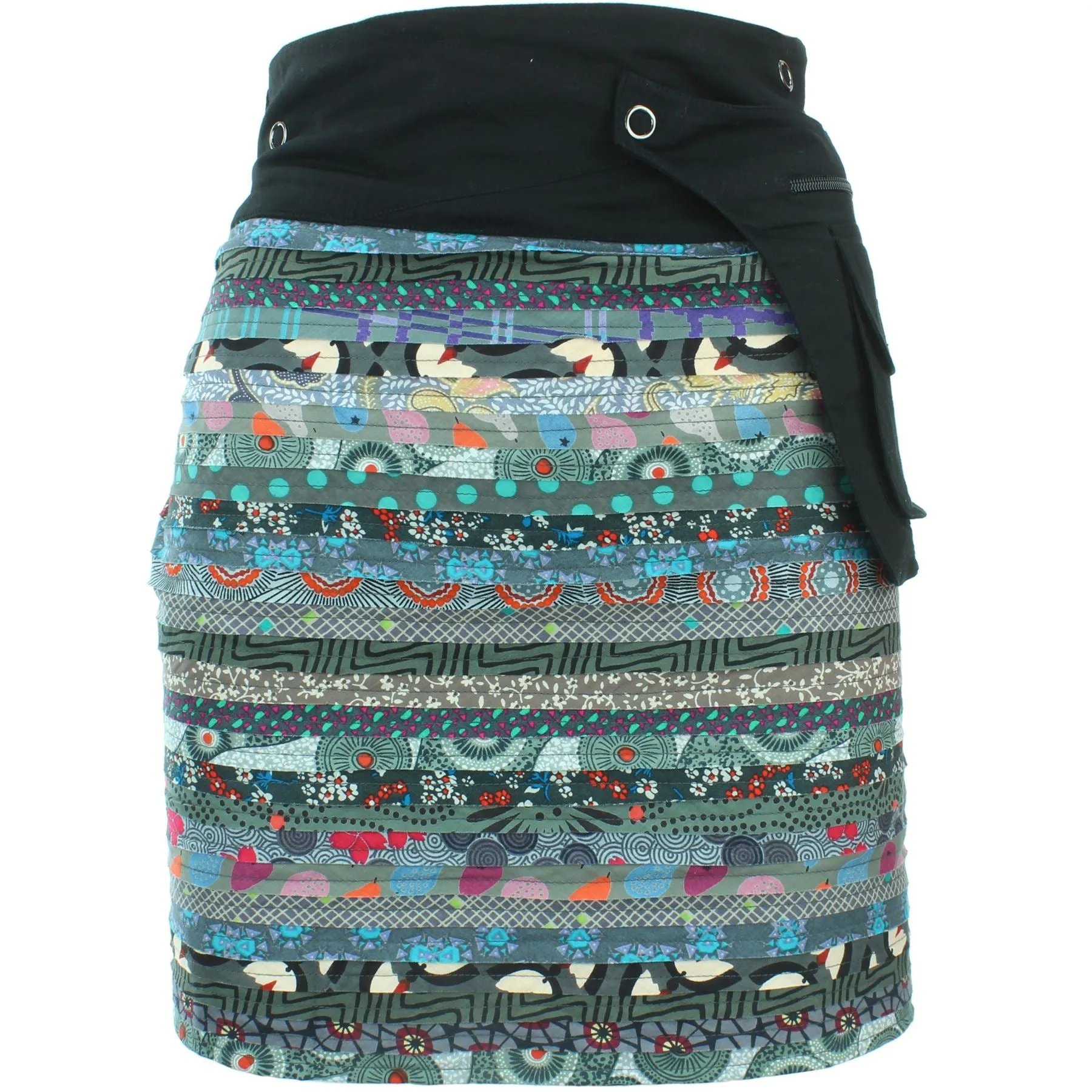 Reversible Popper Wrap Knee Length Skirt - Grey Patch Strips / Spiral Garden