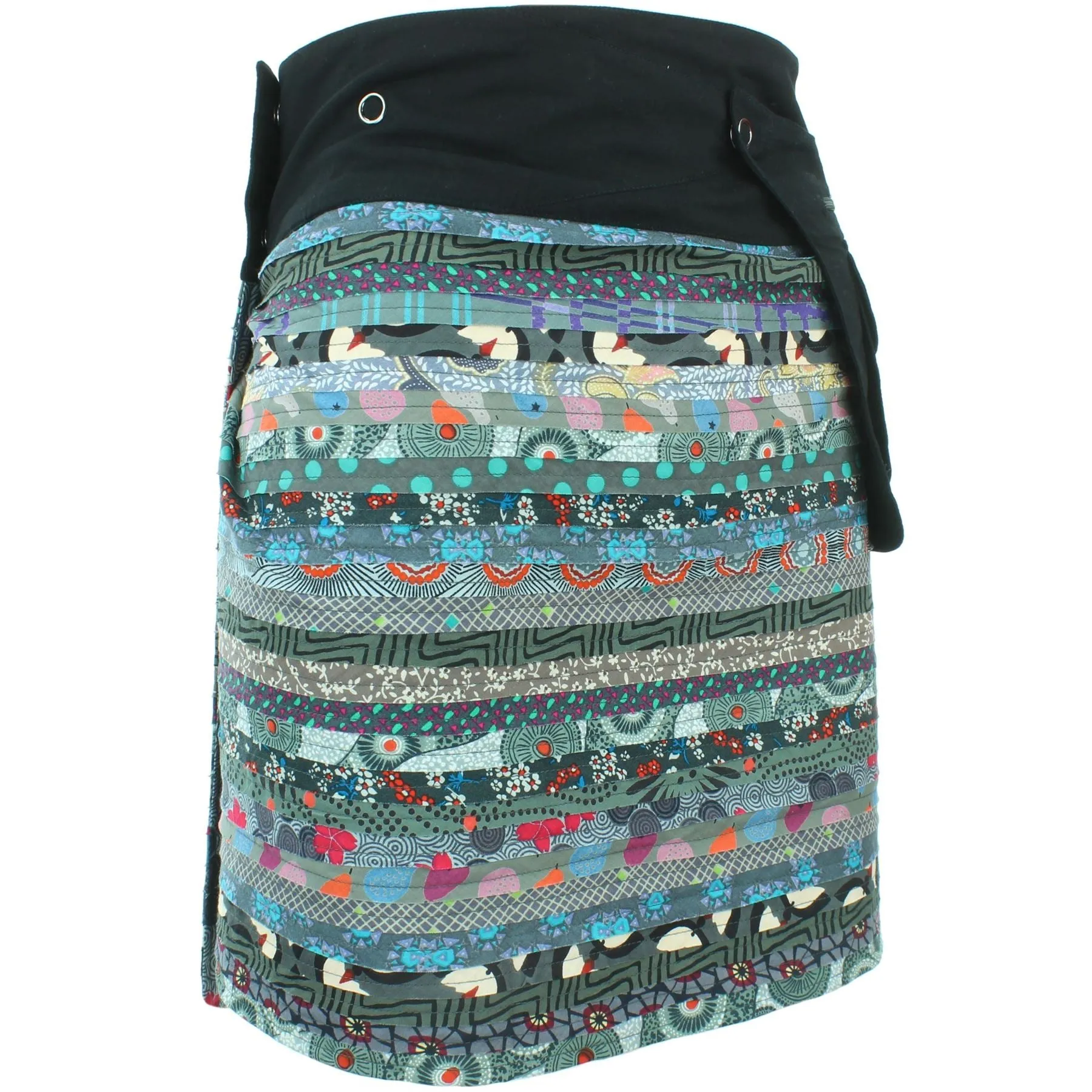 Reversible Popper Wrap Knee Length Skirt - Grey Patch Strips / Spiral Garden