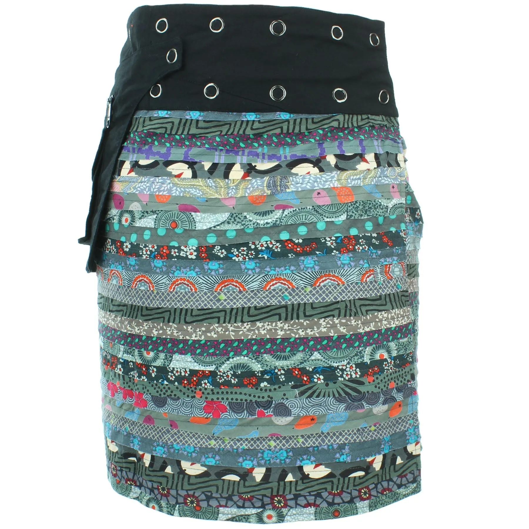 Reversible Popper Wrap Knee Length Skirt - Grey Patch Strips / Spiral Garden