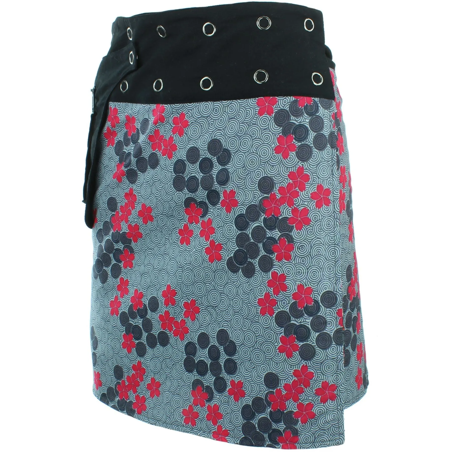 Reversible Popper Wrap Knee Length Skirt - Grey Patch Strips / Spiral Garden