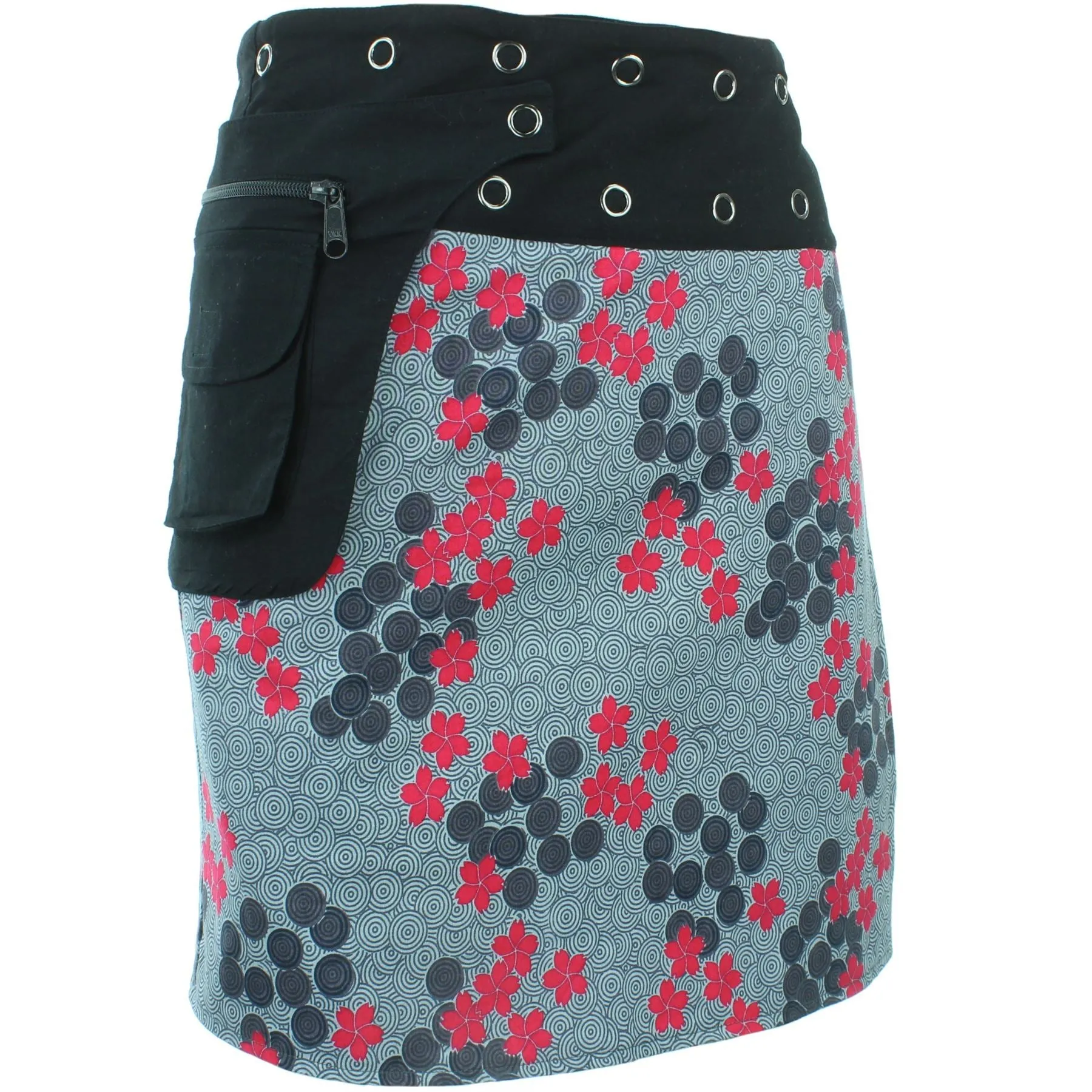 Reversible Popper Wrap Knee Length Skirt - Grey Patch Strips / Spiral Garden