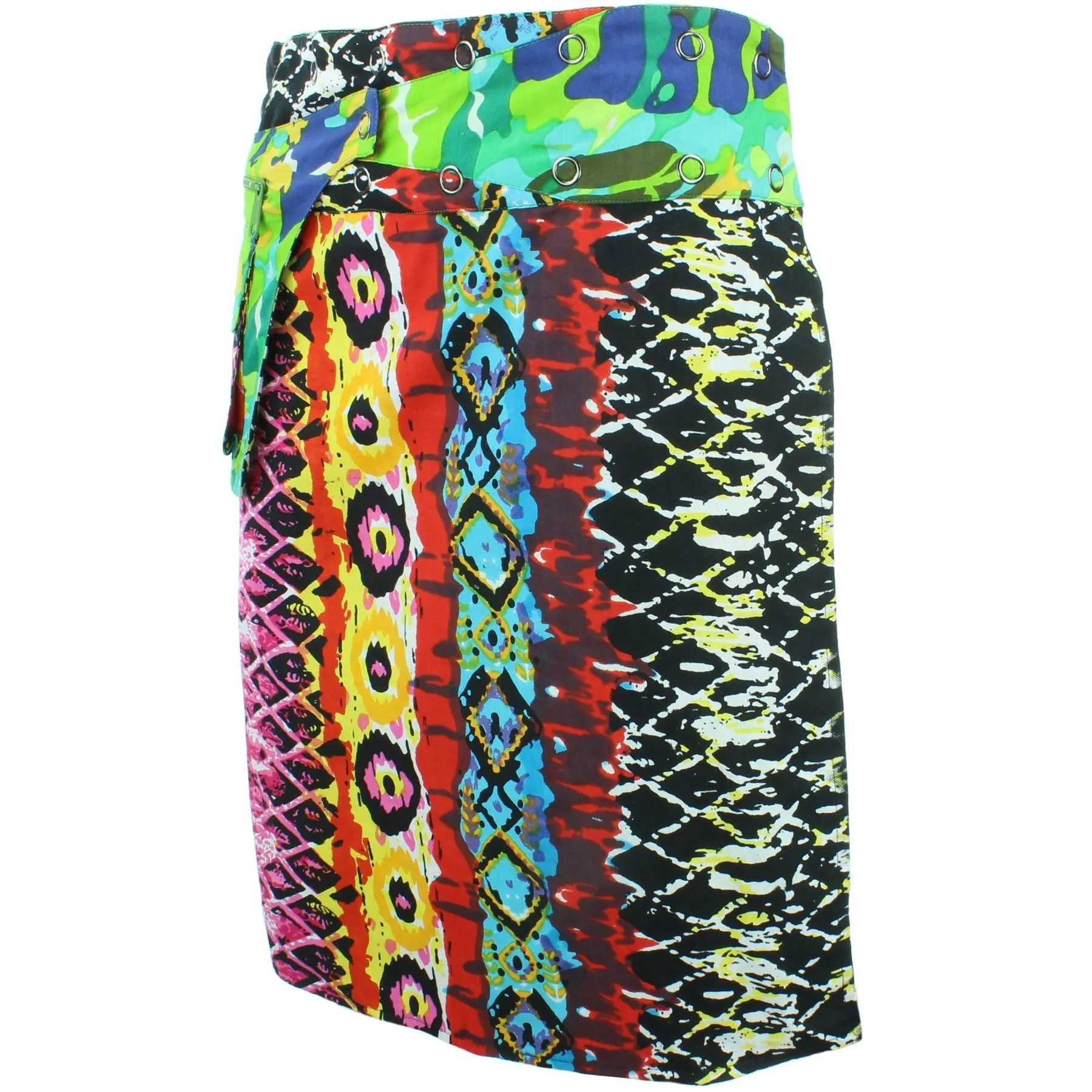 Reversible Popper Wrap Knee Length Skirt - Psychedelic Snakeskin / Camo Leaf