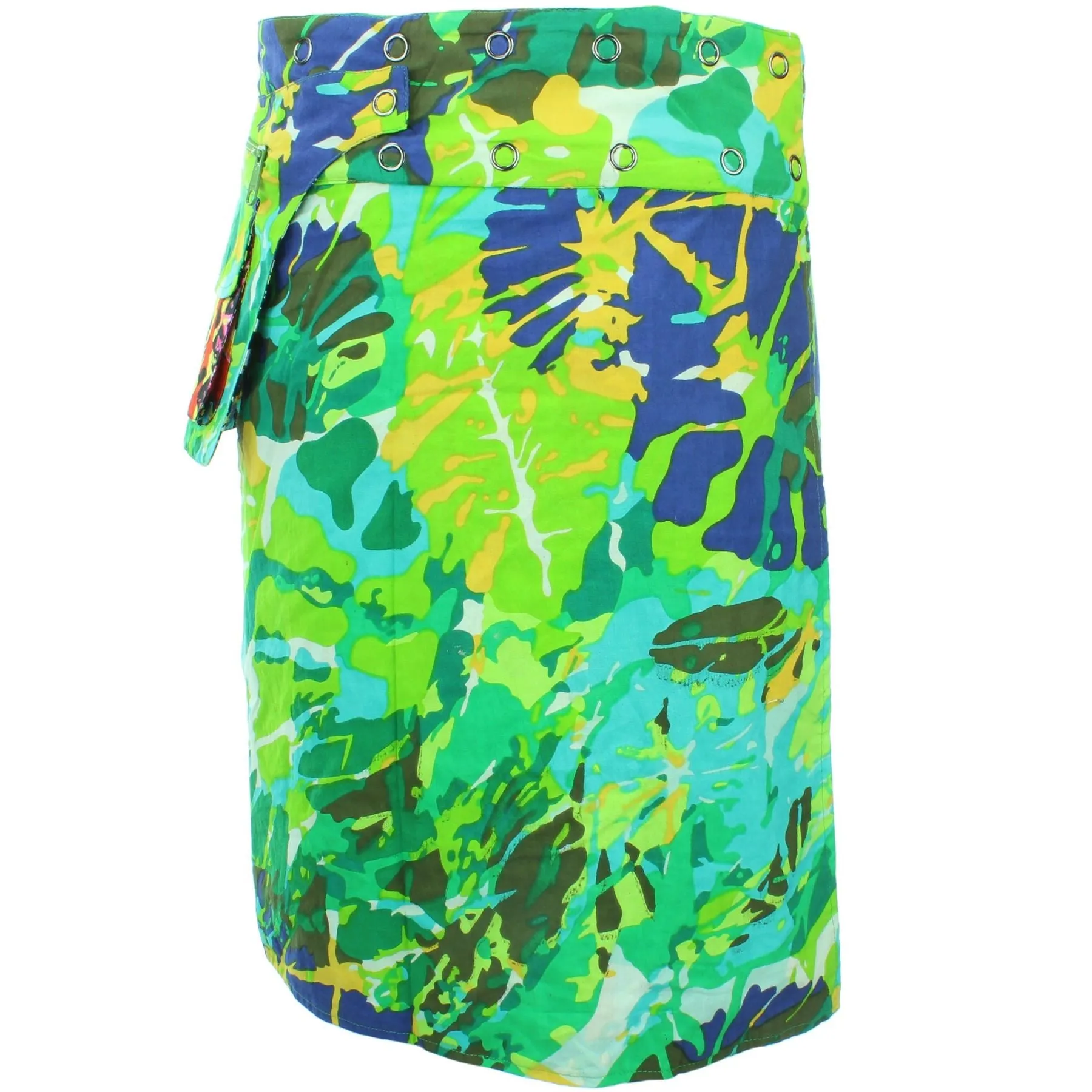 Reversible Popper Wrap Knee Length Skirt - Psychedelic Snakeskin / Camo Leaf