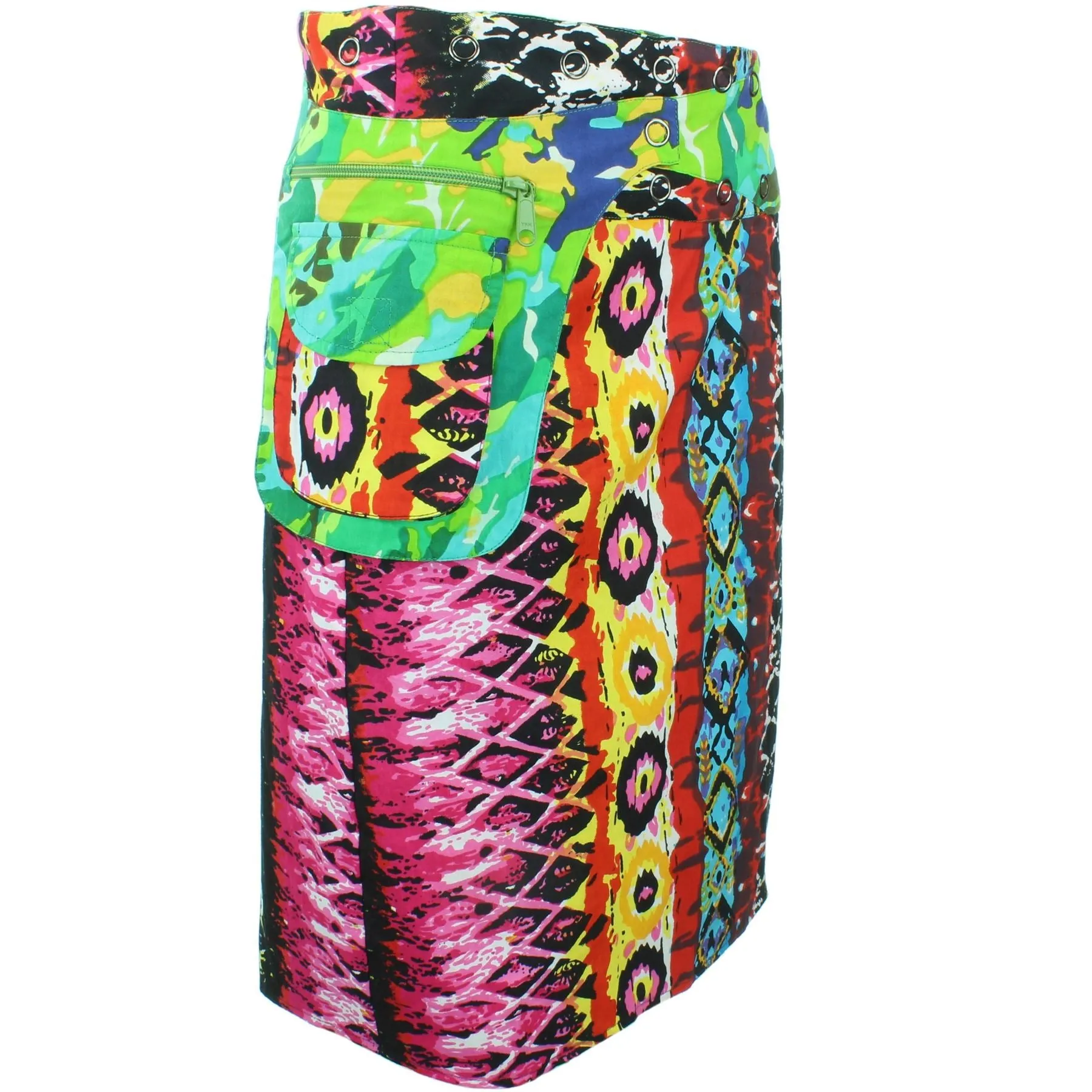 Reversible Popper Wrap Knee Length Skirt - Psychedelic Snakeskin / Camo Leaf