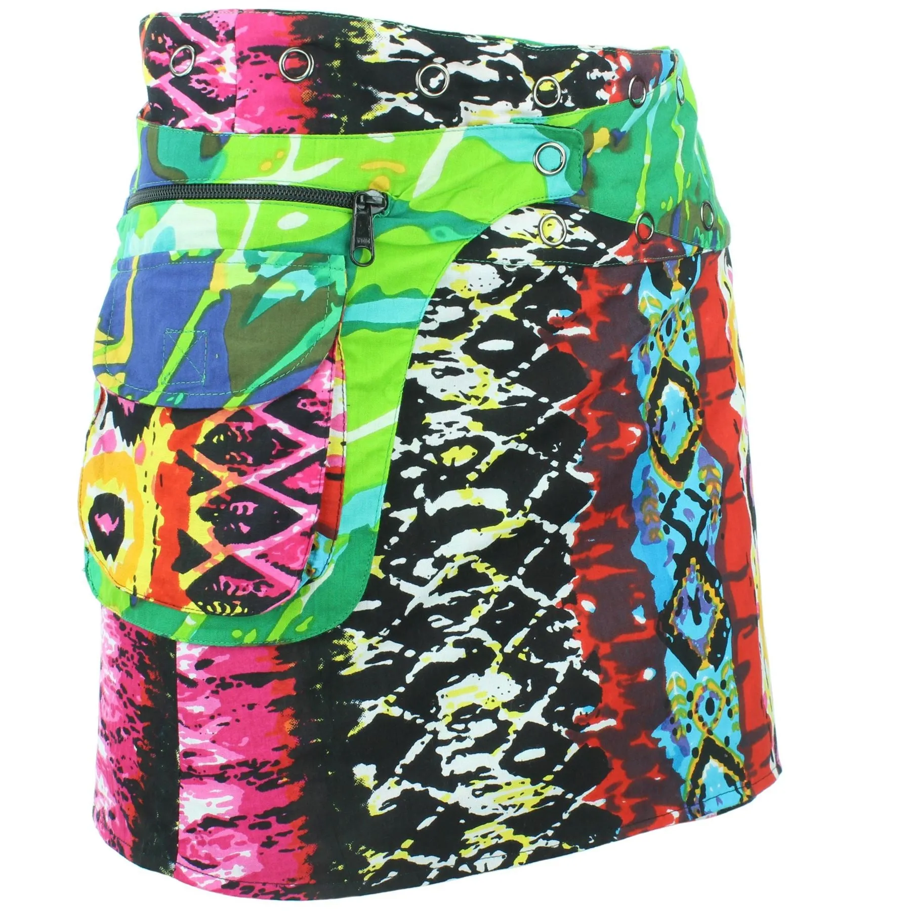 Reversible Popper Wrap Mini Skirt - Psychedelic Snakeskin / Camo Leaf