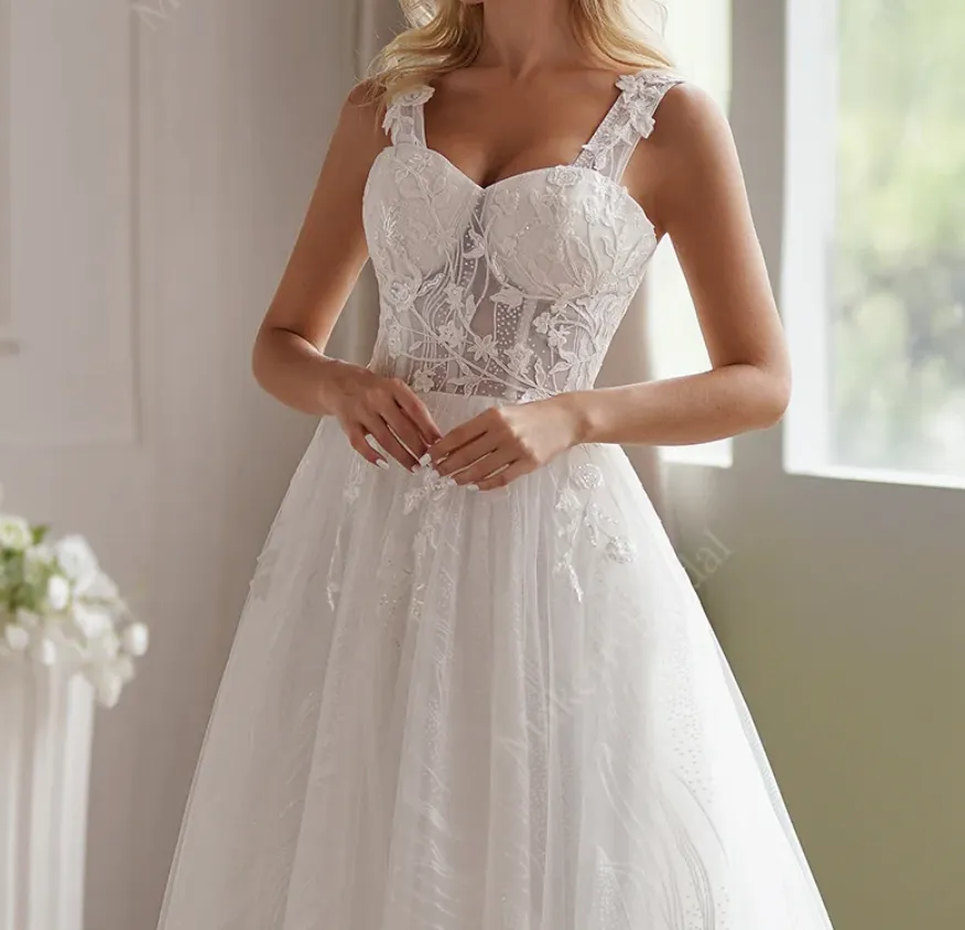 Romantic A-Line Lace Champagne Off-Shoulder Bridal Dress