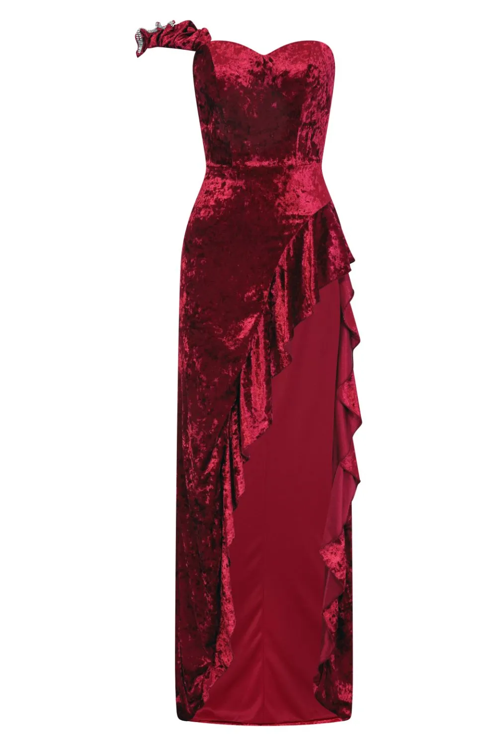 Secret Romance Luxe Berry Velvet Ruffle Thigh Slit Maxi Dress