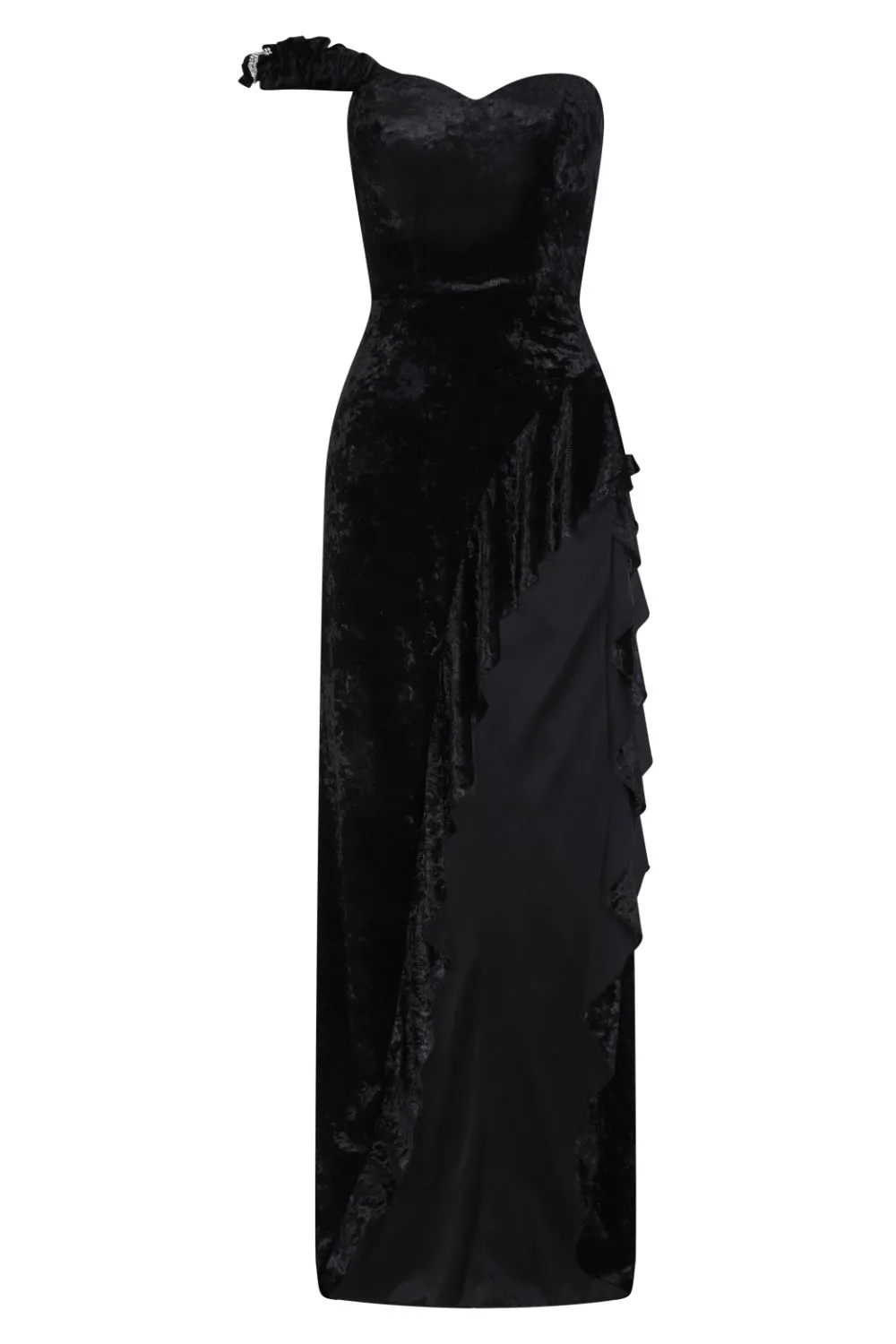 Secret Romance Luxe Black Velvet Ruffle Thigh Slit Maxi Dress