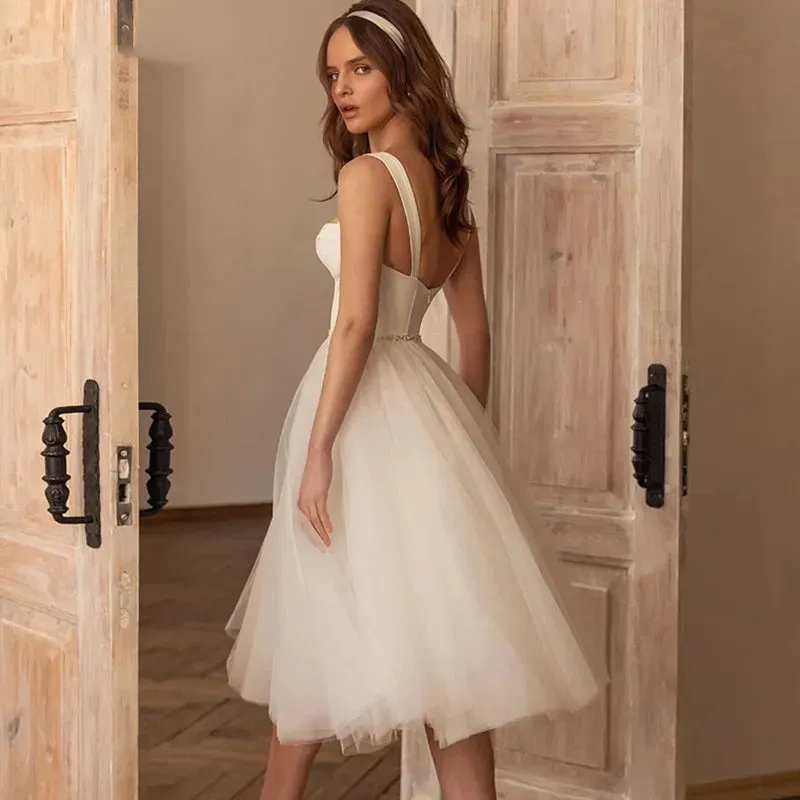 Sexy A-Line Sweetheart Short Wedding Dress 2024 Backless Tulle Bride Gown