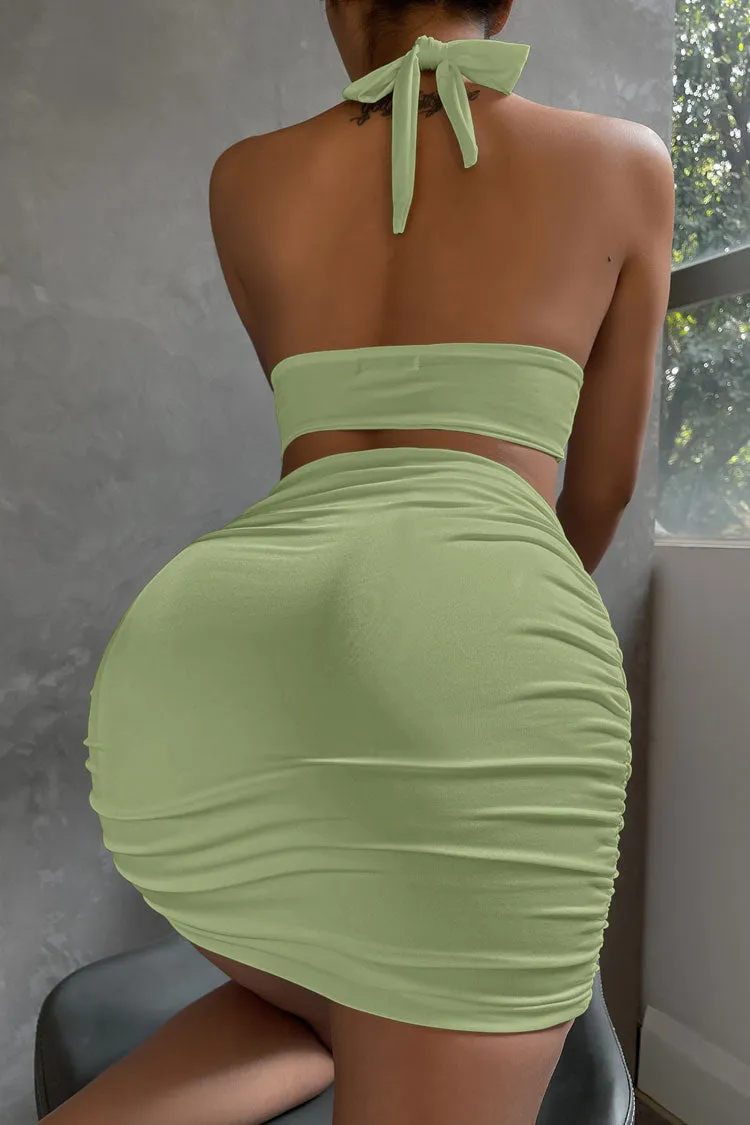 Sexy Halter Crop Top Ruched High Waist Two Piece Club Mini Dress - Green