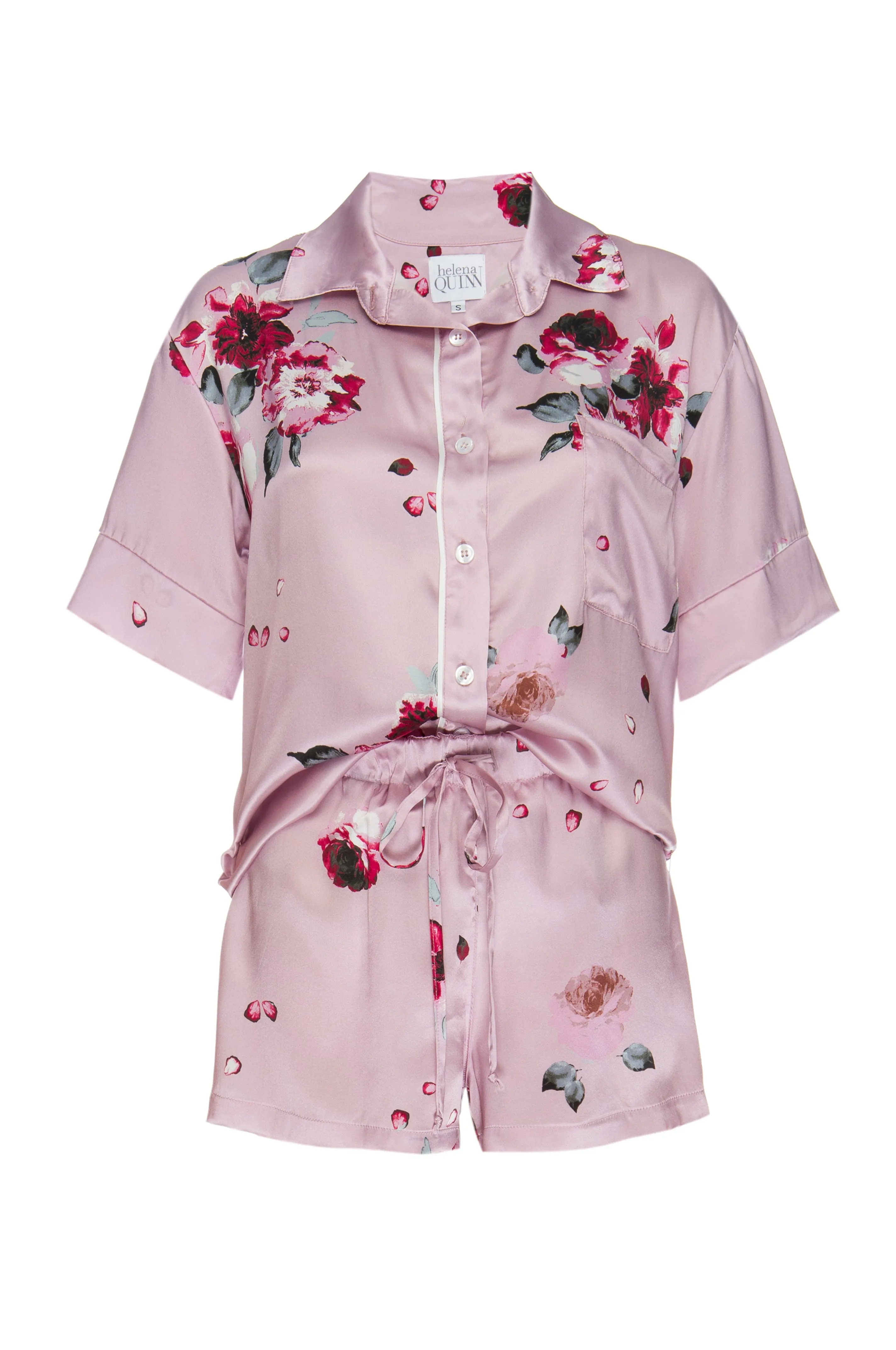 Silk Charmeuse Short Sleeved PJ Top: Blush and Crimson Floral Print