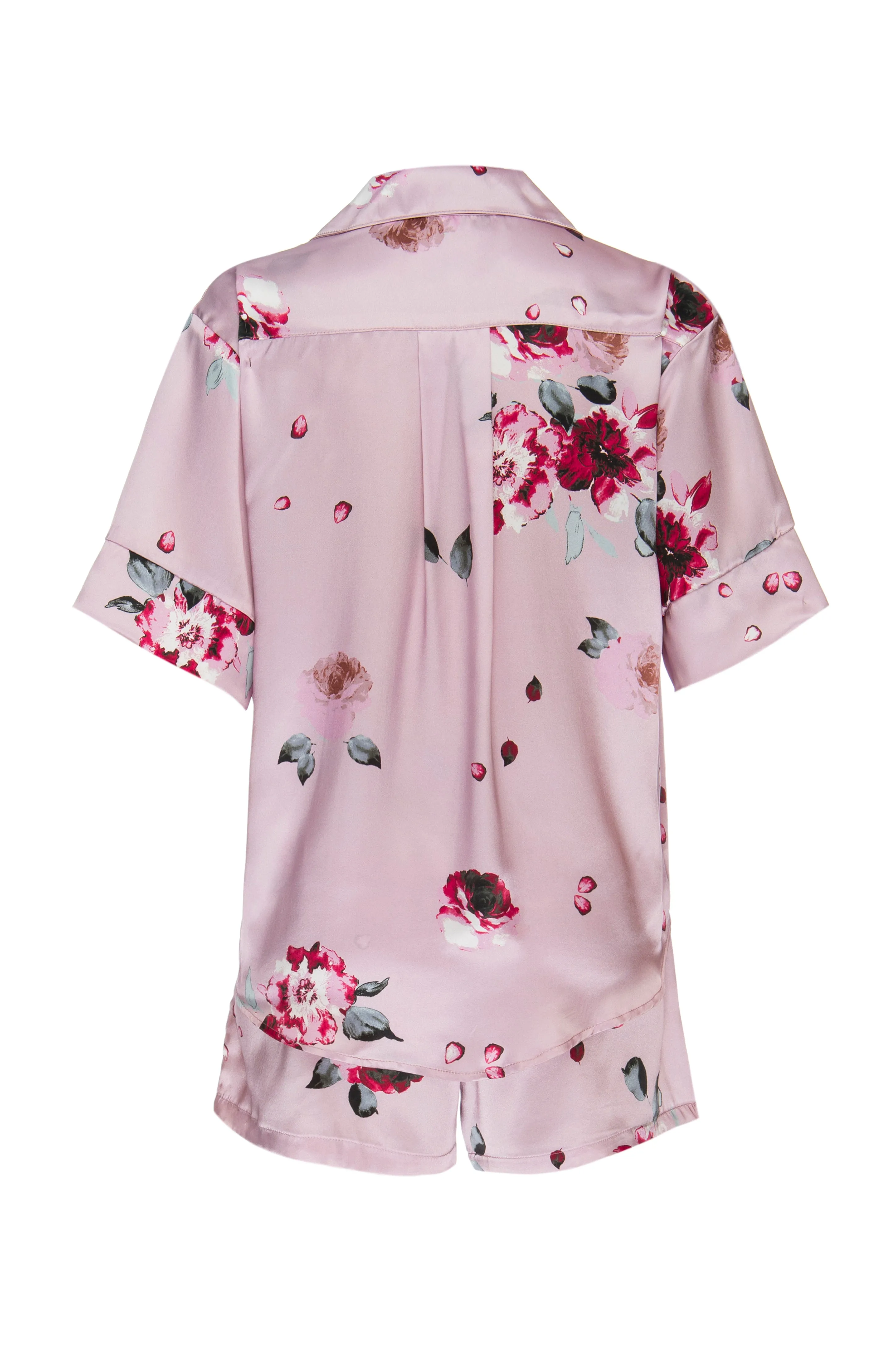 Silk Charmeuse Short Sleeved PJ Top: Blush and Crimson Floral Print