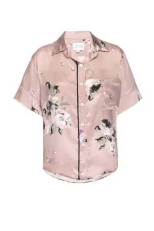 Silk Charmeuse Short Sleeved Top: Champagne Floral Print