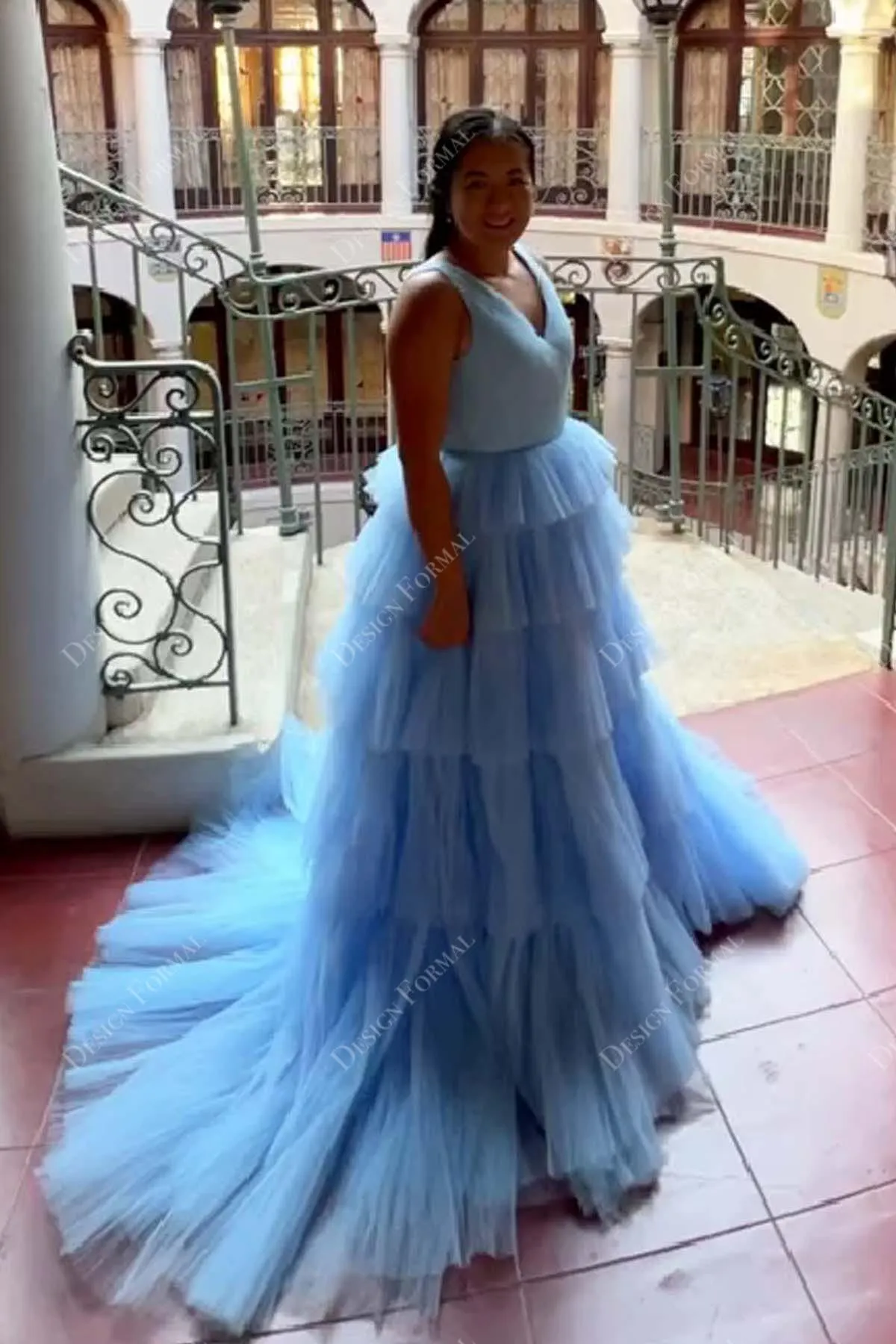 Sky Blue Ruched Tulle Princess Tiered Lily Formal Dress in Deafjourney