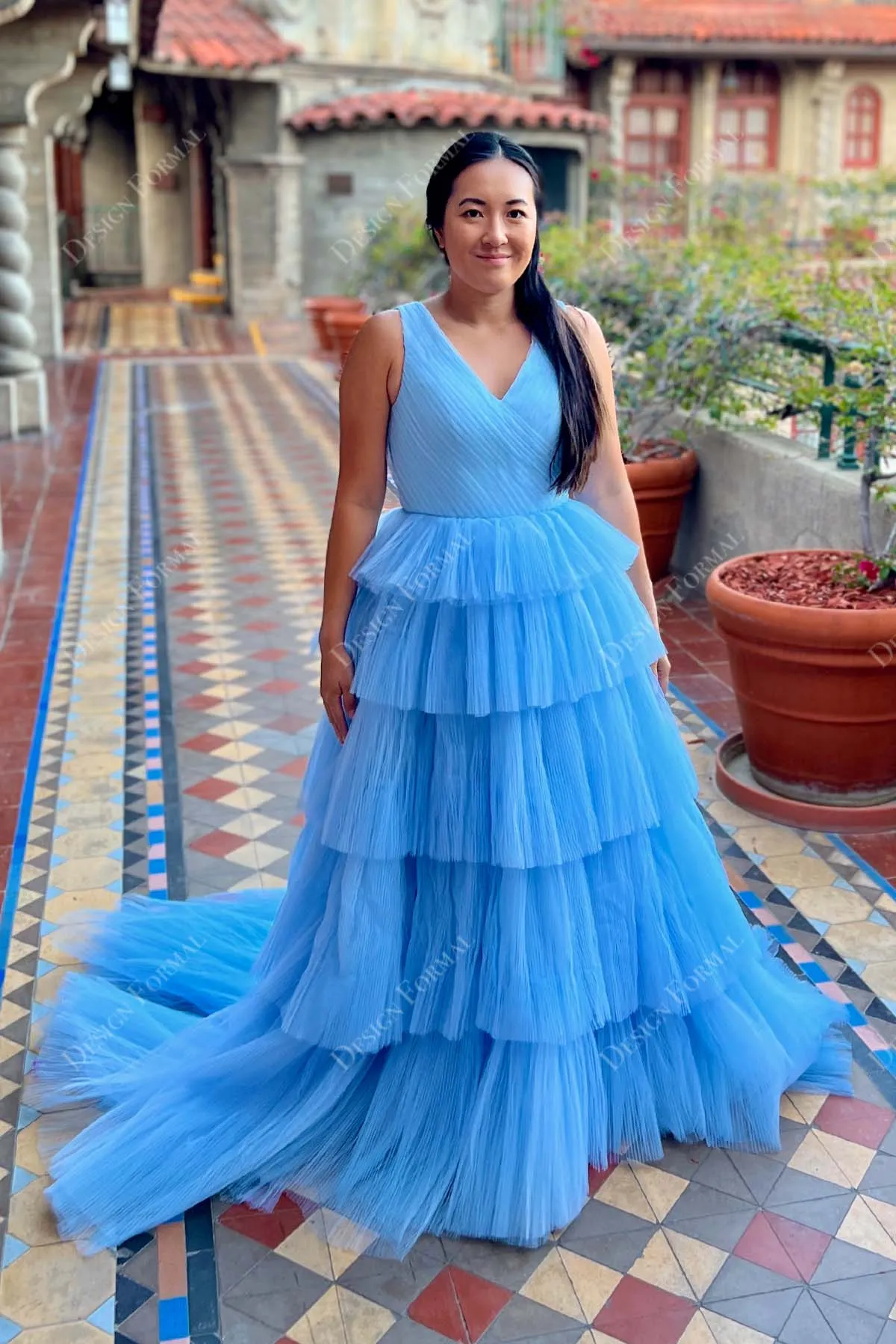 Sky Blue Ruched Tulle Princess Tiered Lily Formal Dress in Deafjourney