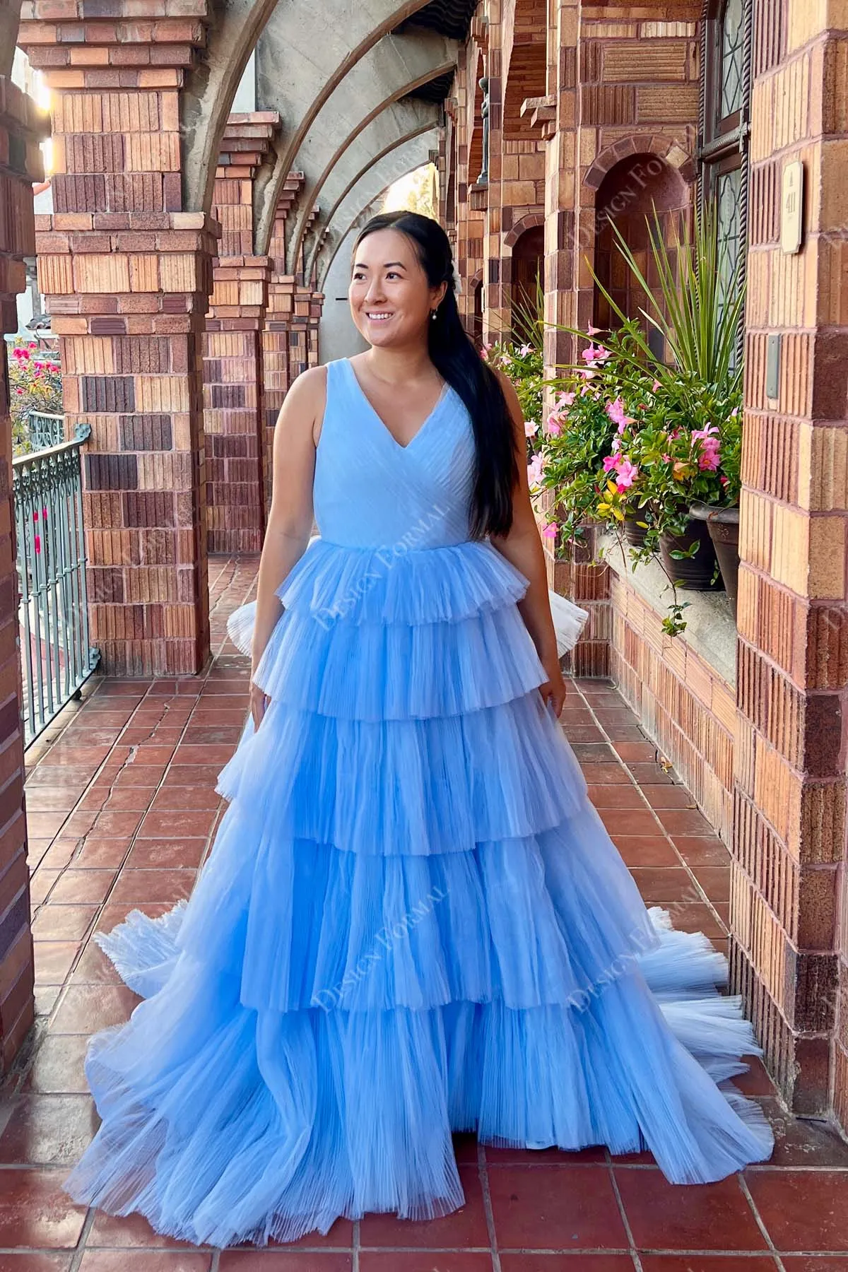 Sky Blue Ruched Tulle Princess Tiered Lily Formal Dress in Deafjourney