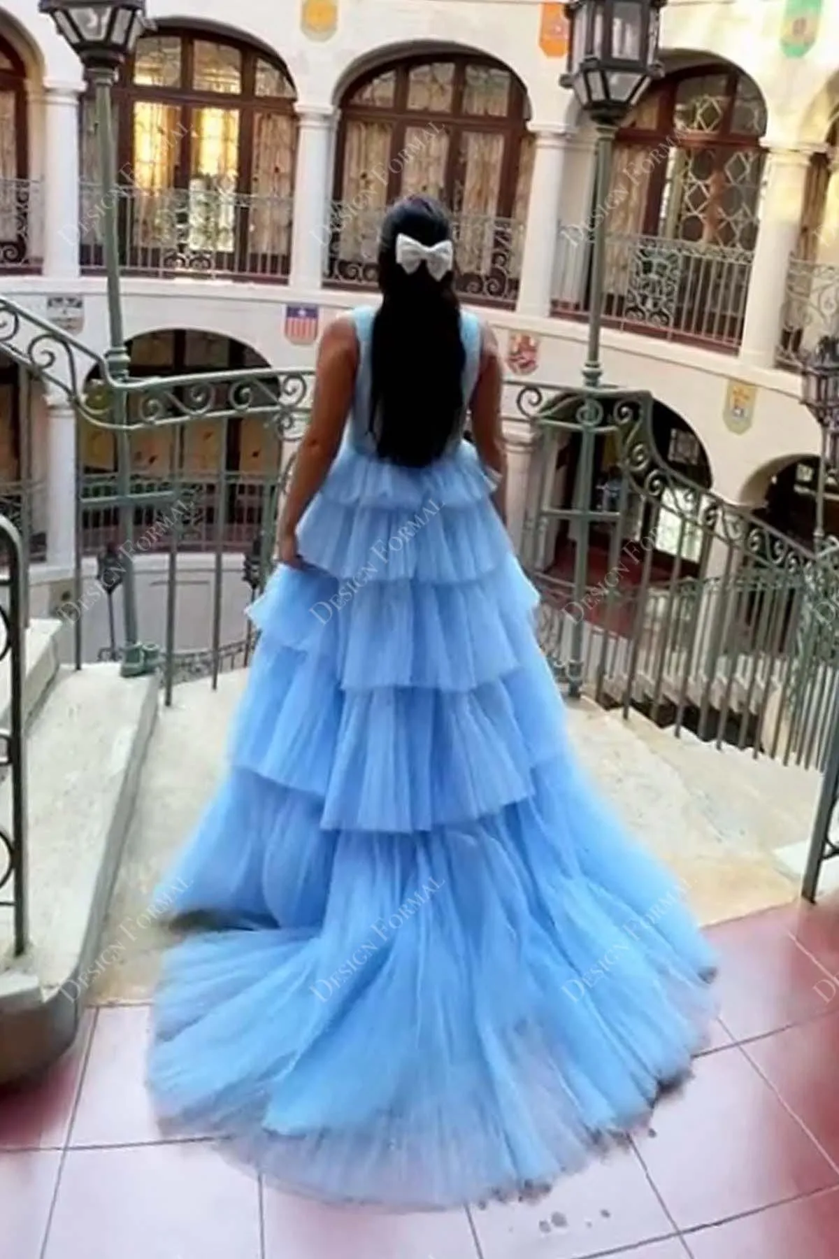 Sky Blue Ruched Tulle Princess Tiered Lily Formal Dress in Deafjourney