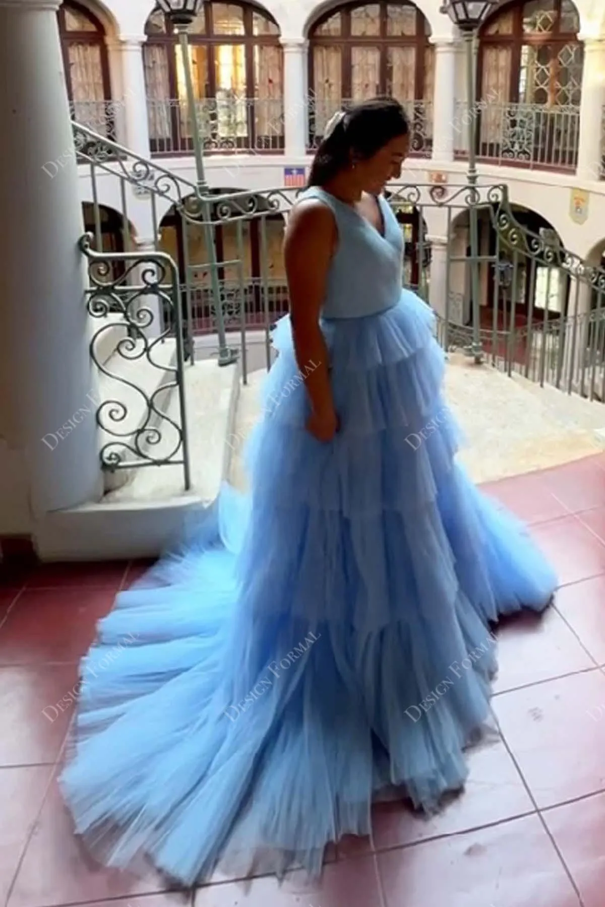 Sky Blue Ruched Tulle Princess Tiered Lily Formal Dress in Deafjourney