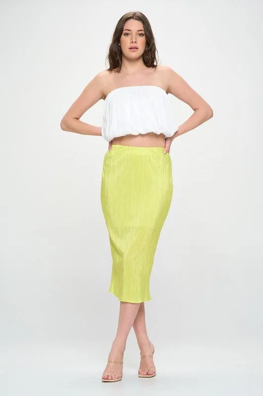 Solid Plisse Midi Skirt with Elastic Waistband