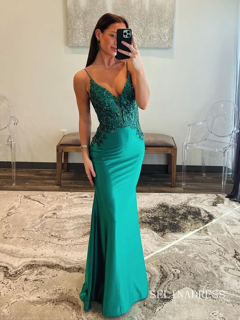 Spaghetti Straps Mermaid Green Long Prom Dresses Beaded Evening Dress sew0704