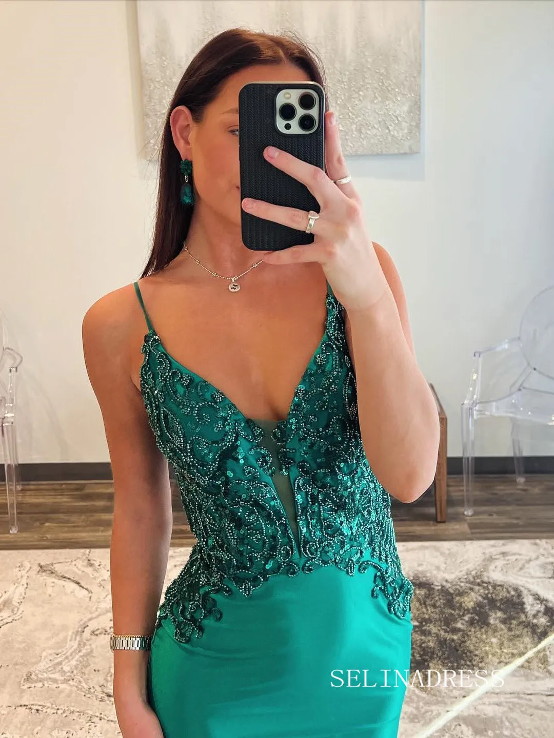 Spaghetti Straps Mermaid Green Long Prom Dresses Beaded Evening Dress sew0704