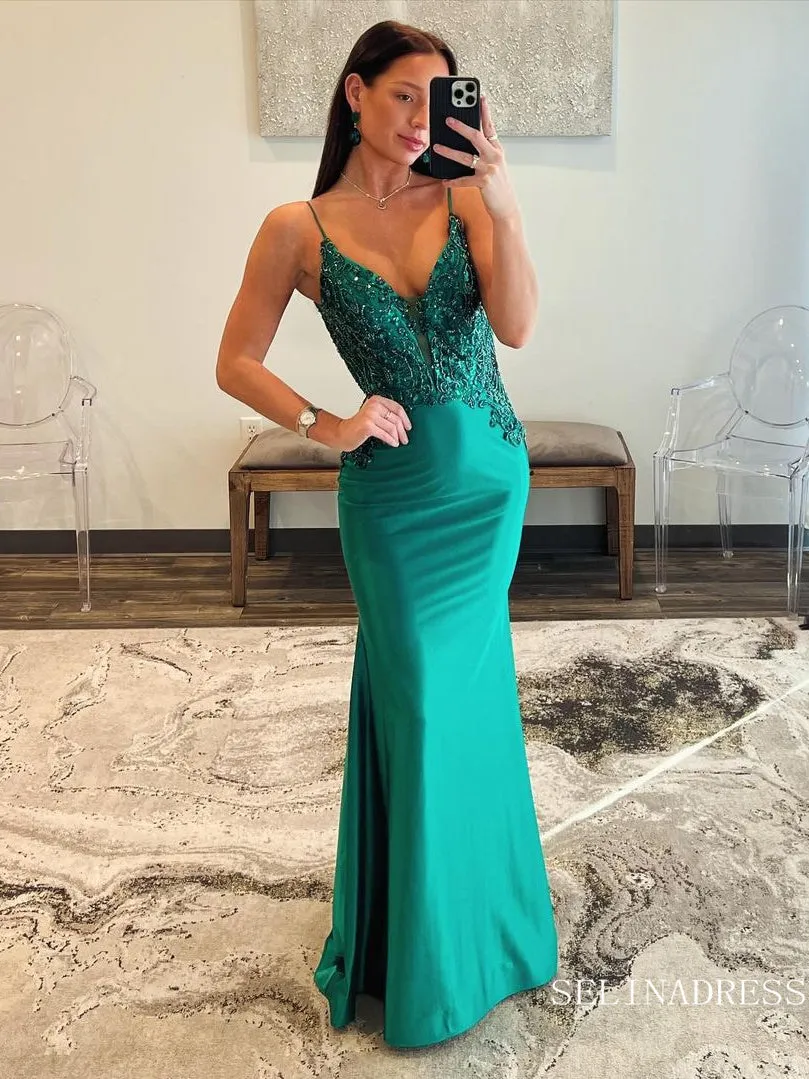 Spaghetti Straps Mermaid Green Long Prom Dresses Beaded Evening Dress sew0704