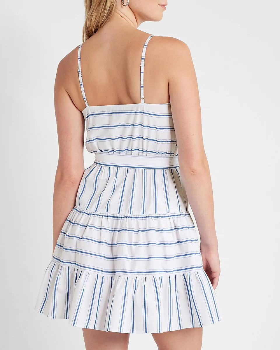 Striped V-Neck Tie Waist Tiered Trapeze Dress in White Stripe