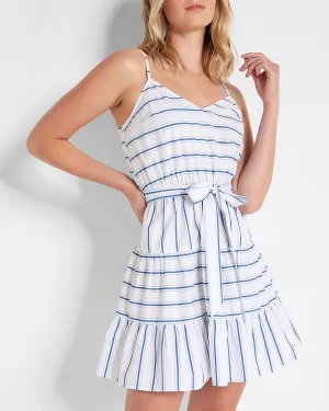 Striped V-Neck Tie Waist Tiered Trapeze Dress in White Stripe