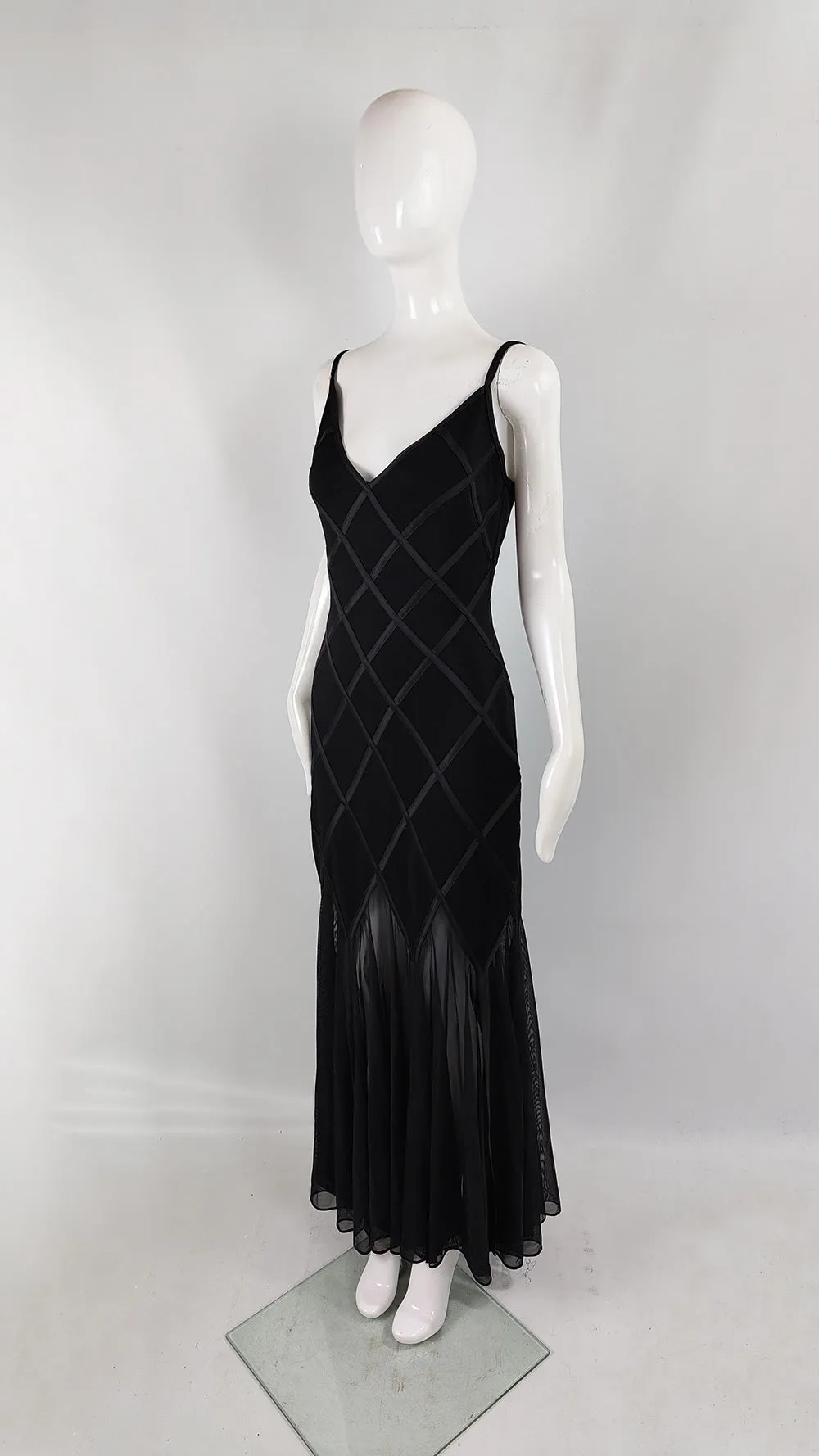 Tadashi Vintage Womens Black Sheer Mesh Evening Gown Dress, 1990s