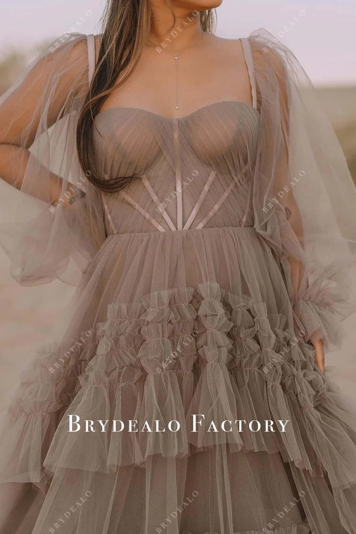 Taupe Tulle Sheer Sleeves Layered A-Line Wedding Dress