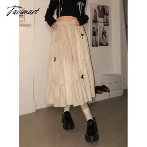 TAVIMART  -  Elegant Beige Bow Velvet Skirt for Women 2024 Summer Korean Vintage Patchwork A Line High Waist Midi Long Skirt Female Ladies