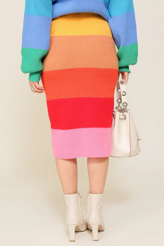 TEEK - Bold Rainbow High-Waisted Sweater Multicolor Skirt