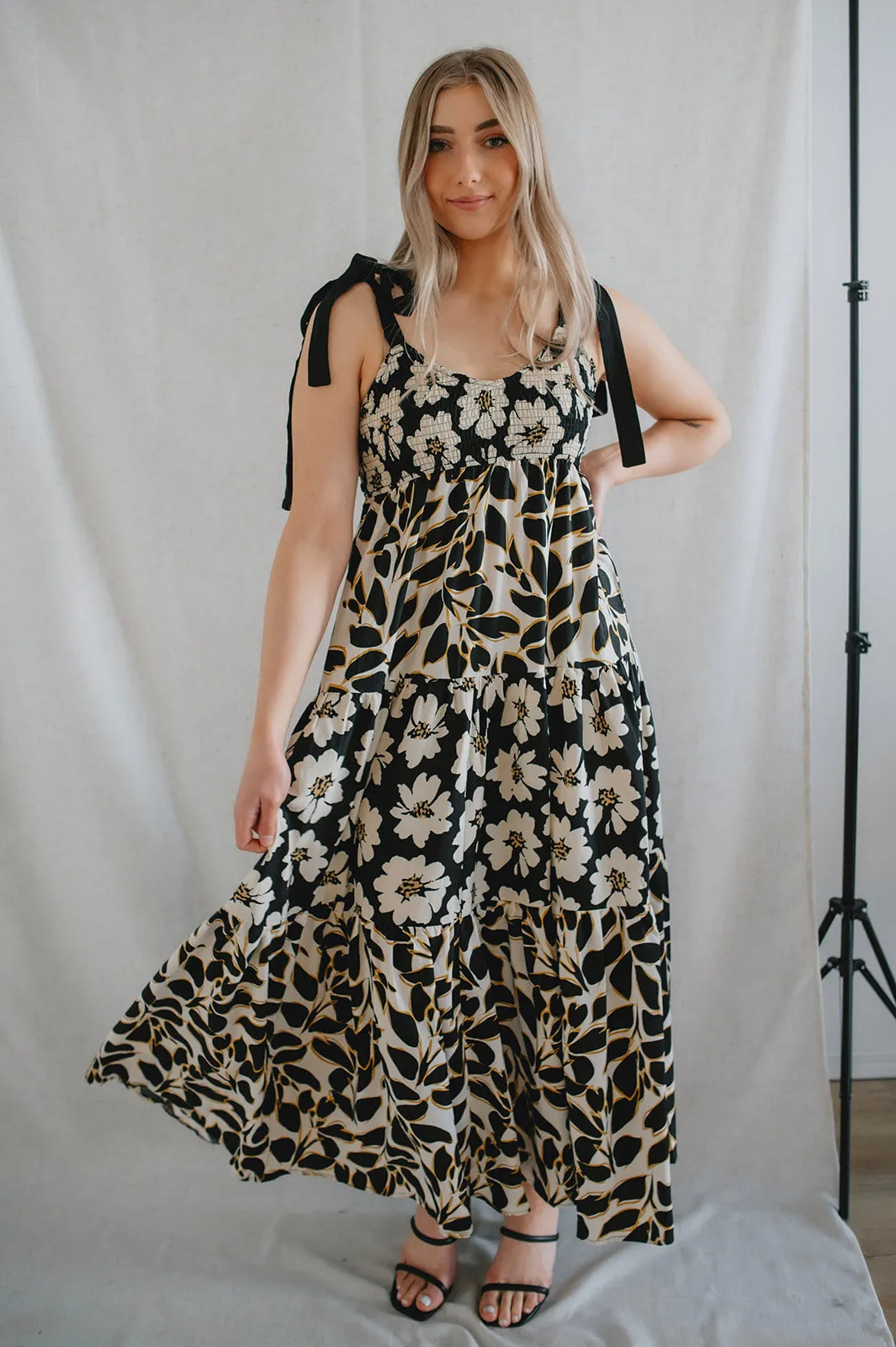 The Sloane Contrast Floral Tie Shoulder Maxi Dress