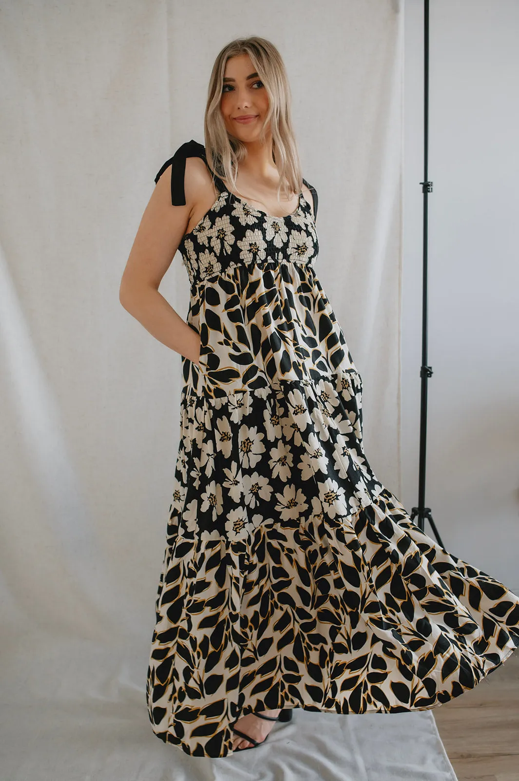 The Sloane Contrast Floral Tie Shoulder Maxi Dress