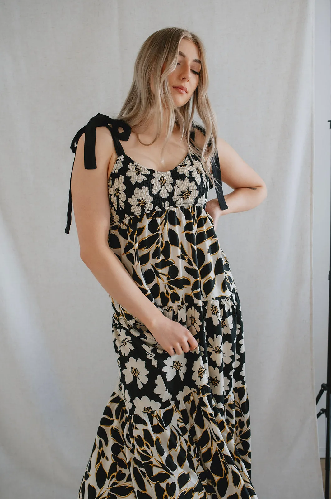 The Sloane Contrast Floral Tie Shoulder Maxi Dress