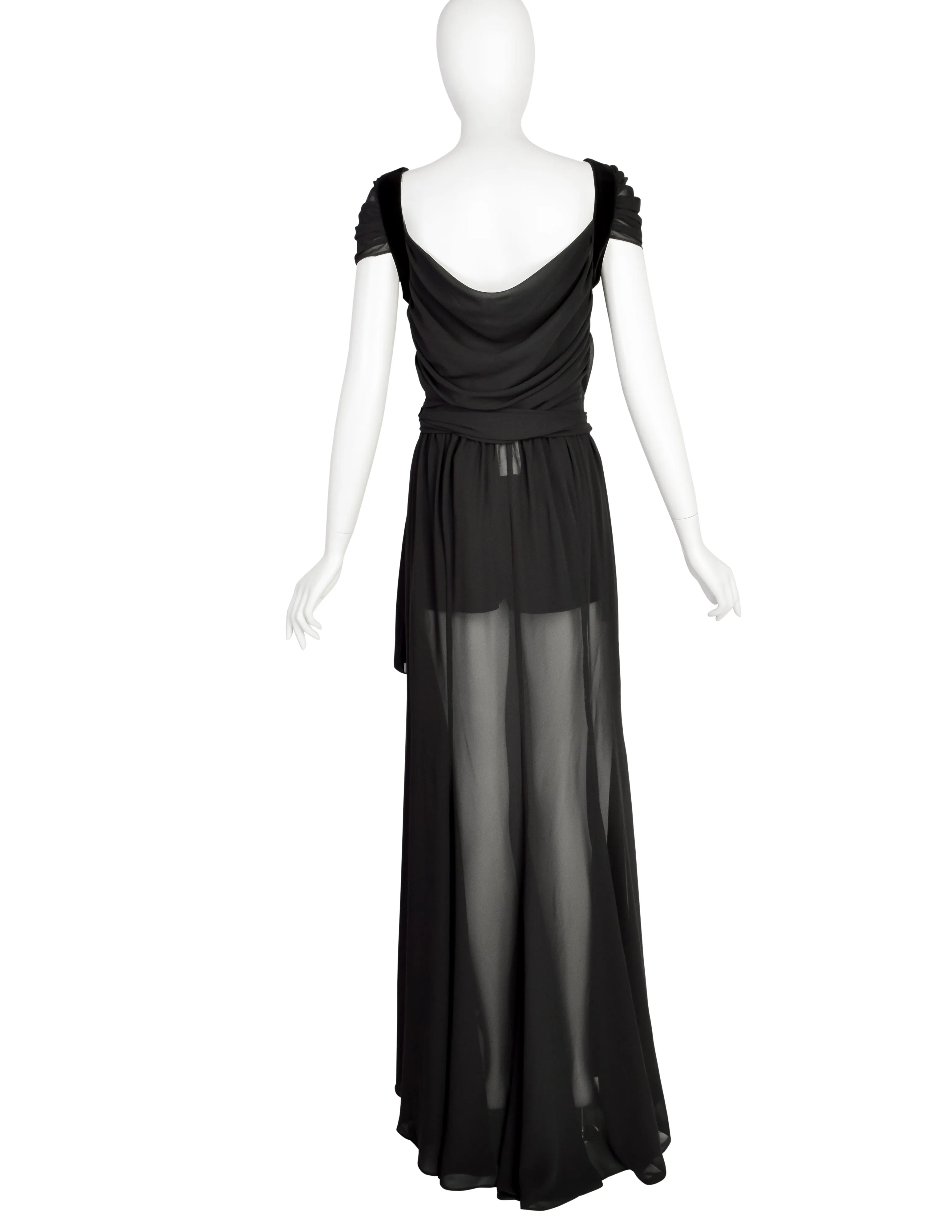 Thierry Mugler Vintage Black Sheer Georgette Velvet Draping Goddess Gown with Matching Hot Pants