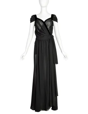 Thierry Mugler Vintage Black Sheer Georgette Velvet Draping Goddess Gown with Matching Hot Pants