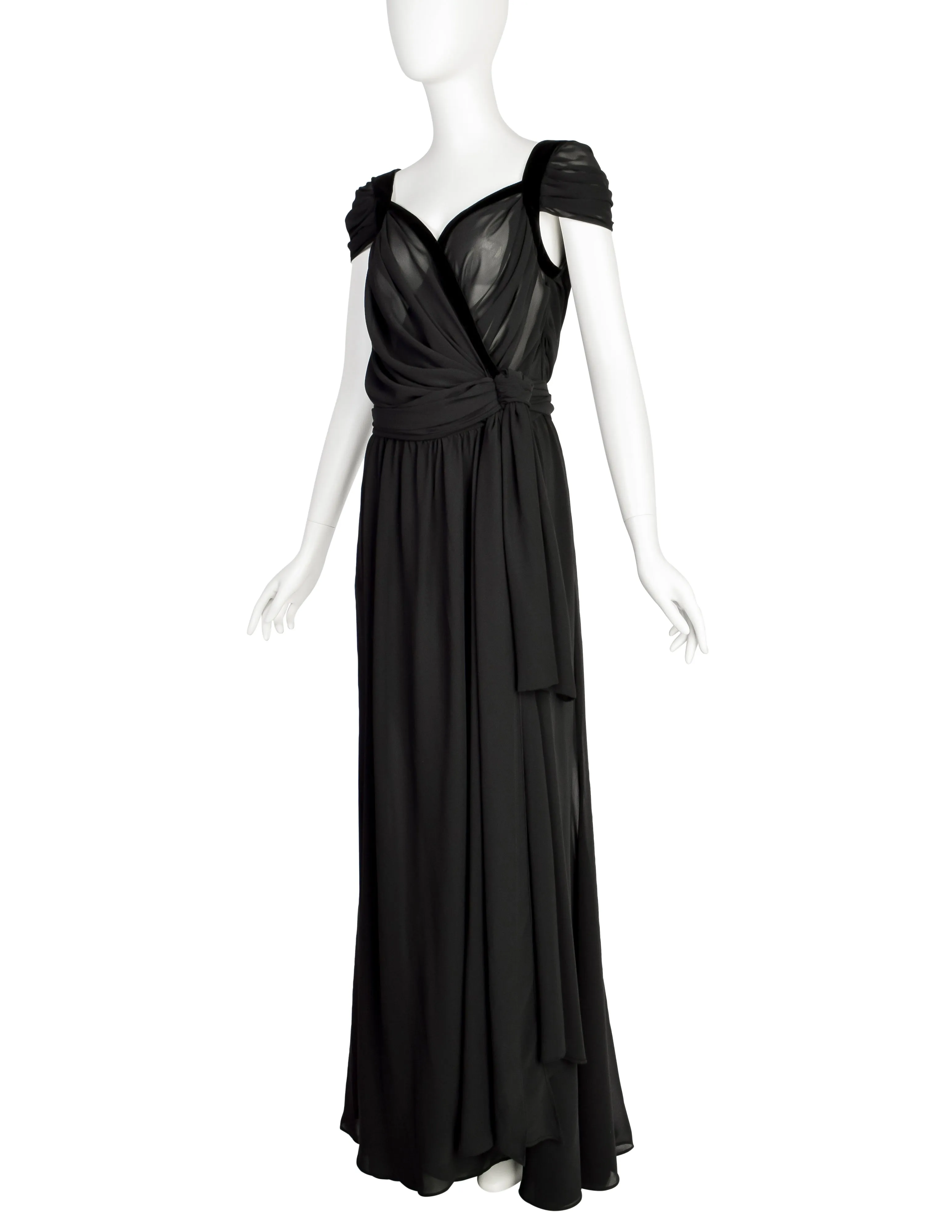 Thierry Mugler Vintage Black Sheer Georgette Velvet Draping Goddess Gown with Matching Hot Pants