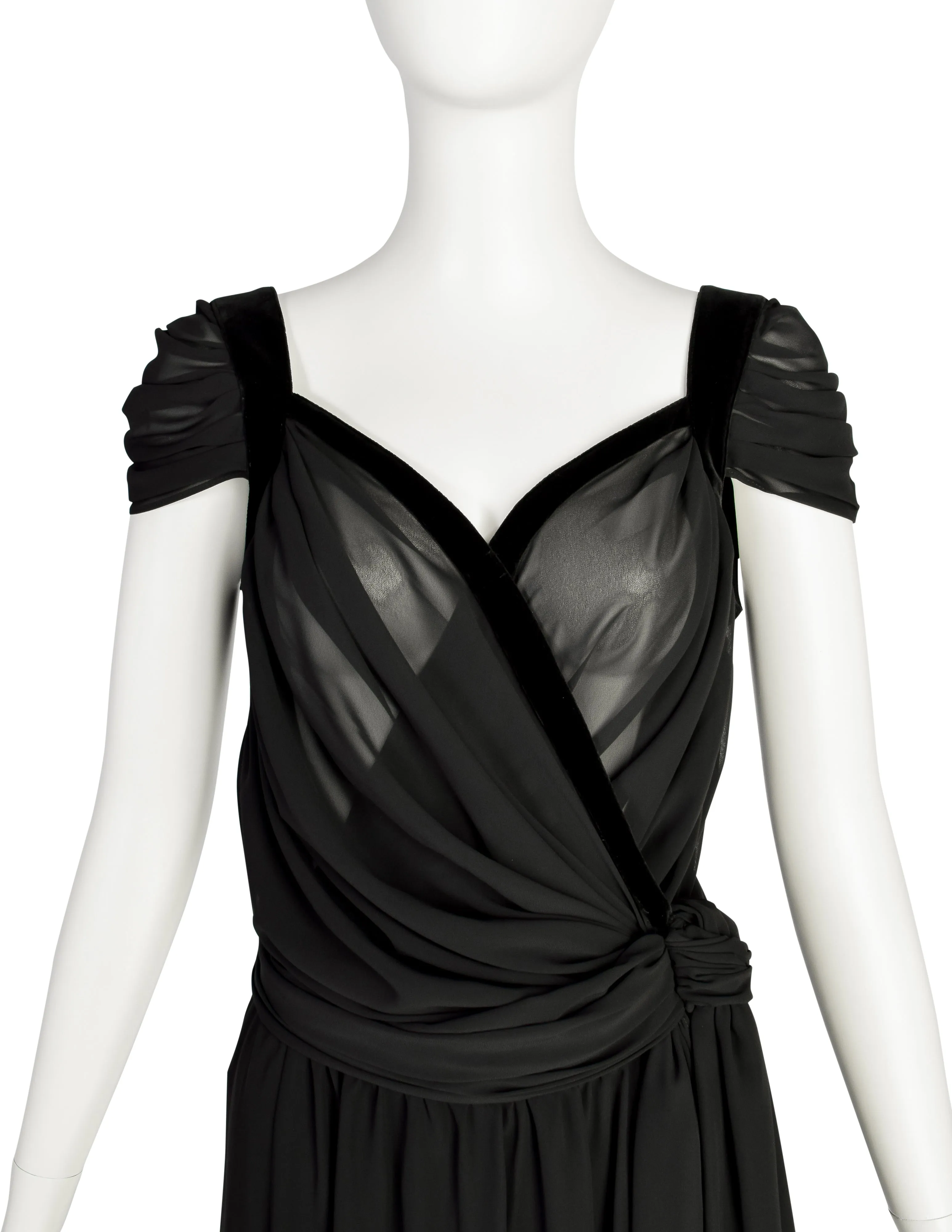 Thierry Mugler Vintage Black Sheer Georgette Velvet Draping Goddess Gown with Matching Hot Pants