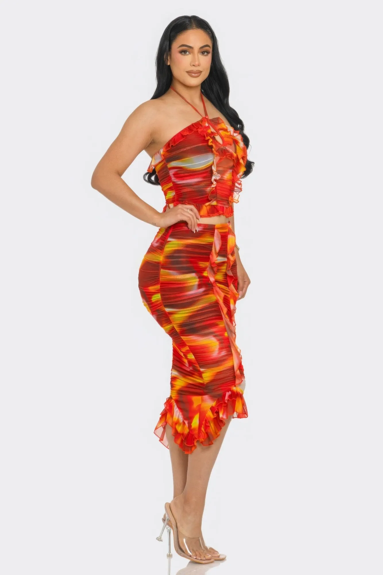 Tropical Mesh Ruffle Halter Skirt Set