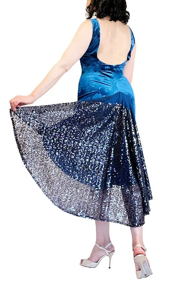 turquoise velvet & sequin LOLA tango dress with open back and tail