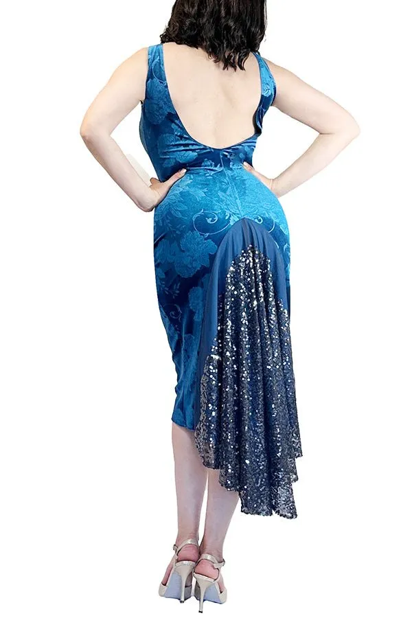 turquoise velvet & sequin LOLA tango dress with open back and tail