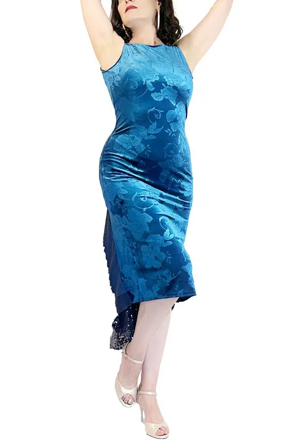 turquoise velvet & sequin LOLA tango dress with open back and tail