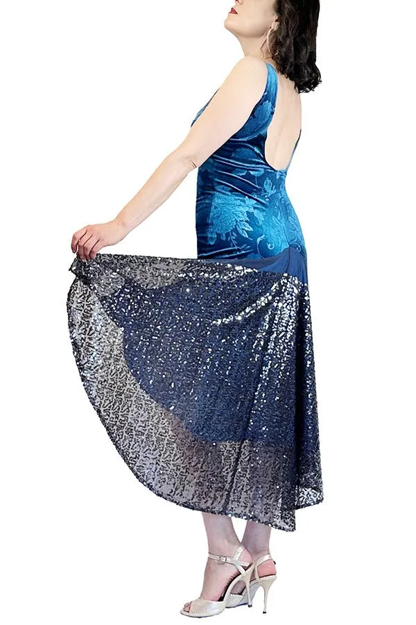 turquoise velvet & sequin LOLA tango dress with open back and tail