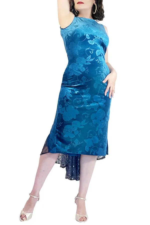 turquoise velvet & sequin LOLA tango dress with open back and tail