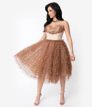 Unique Vintage 1950s Mocha Ruffled Tulle Sweetheart Cupcake Swing Dress